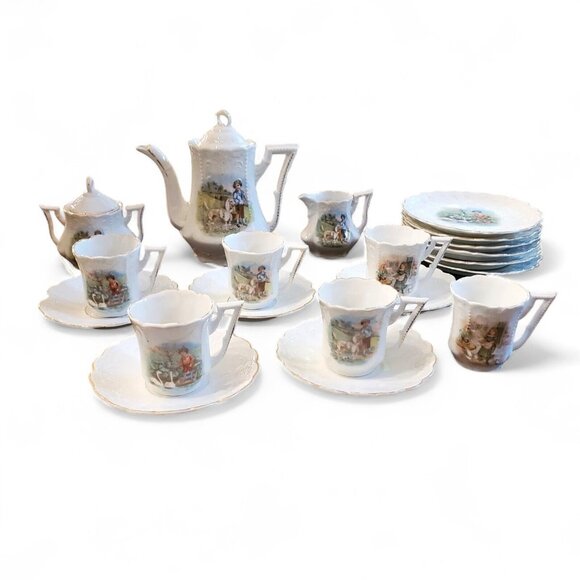 Antique 22-Piece Child Tea Set with Animal Scenes, German Victorian 1880s‎ *See - Picture 1 of 16